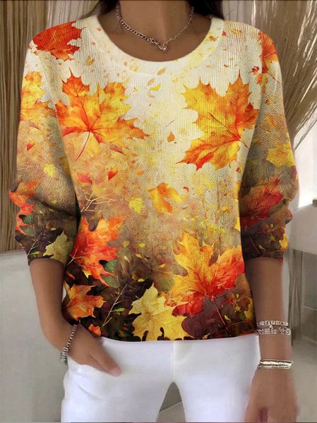 

Women Cotton Floral Long Sleeve Comfy Vintage Sweater, Orange, Sweaters