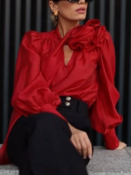 

Elegant Plain Asymmetric V Neck Balloon Sleeve Blouse, Red, Blouses and Shirts