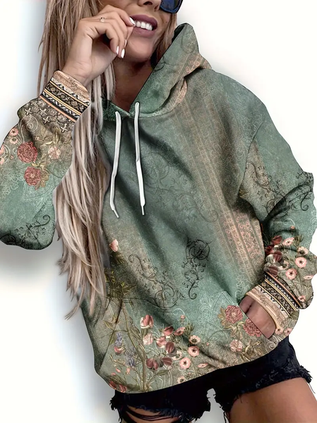 

Women Floral Spring/Fall Printing Long Sleeve Casual Daily Hoodie, Green, Sweatshirts & Hoodies