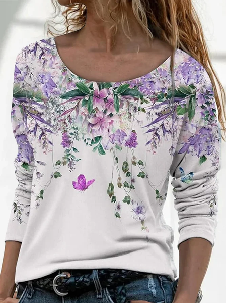 

Casual Floral Crew Neck Long Sleeve T-shirt, Purple, T-shirts