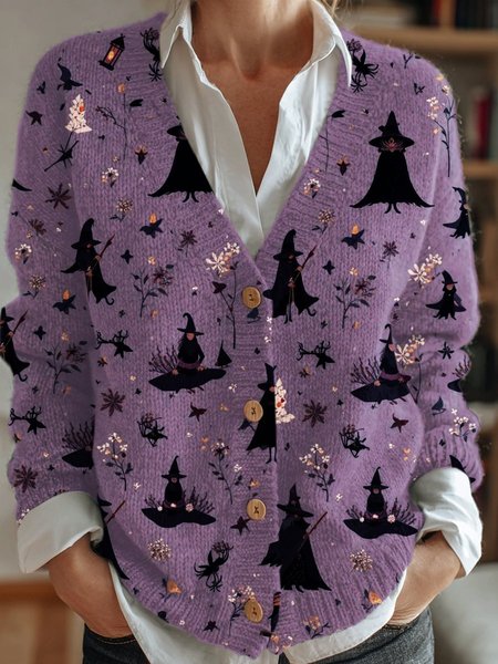 

Women Knitted Halloween Long Sleeve Comfy Vintage Cardigan, Purple, Cardigans