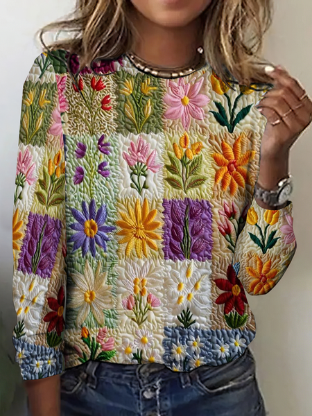 

Vintage Geometric Crew Neck Long Sleeve T-shirt, As picture, T-shirts