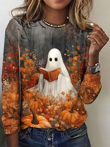 

Vintage Floral Crew Neck Long Sleeve T-shirt, Orange, T-shirts