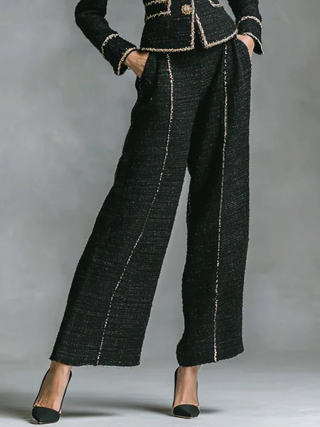 

Elegant Plain Tweed Binding Wide Leg Pants, Black, Pants