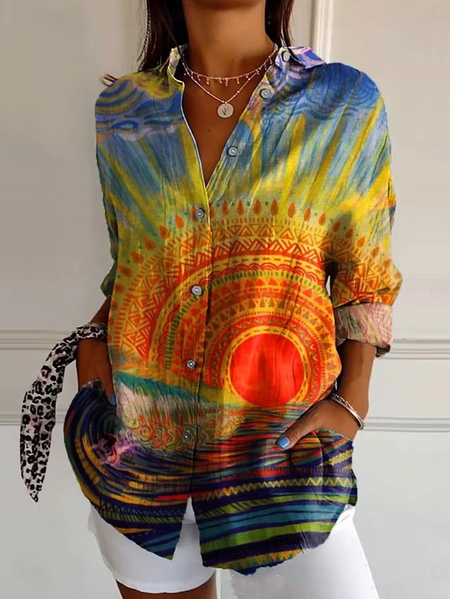 

V Neck Long Sleeve Classical Geometry Regular Micro-Elasticity Regular Fit Shirt For Women, As picture, Shirts