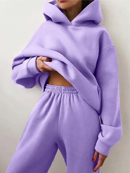 

Women Plain Split Joint Two-Piece Set Daily Long Sleeve Casual Spring/Fall Top With Pants Matching Set, Purple, Sets