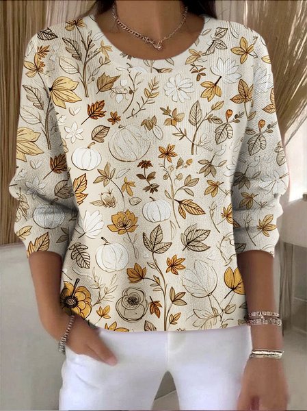 

Women Cotton Floral Long Sleeve Comfy Vintage Sweater, Apricot, Sweaters