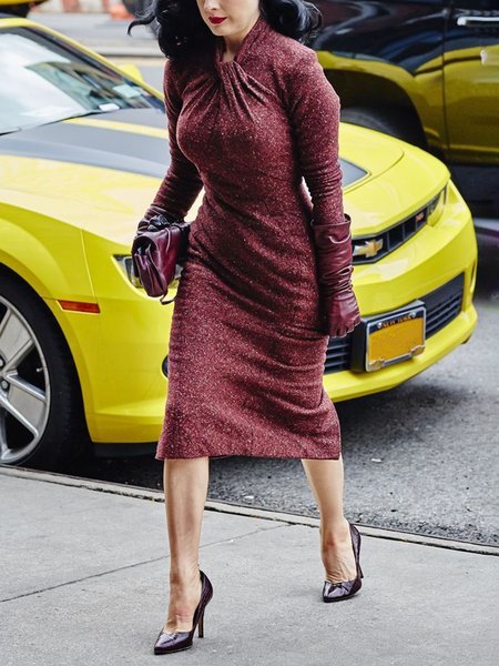 Elegant Plain Ruched Midi Dress