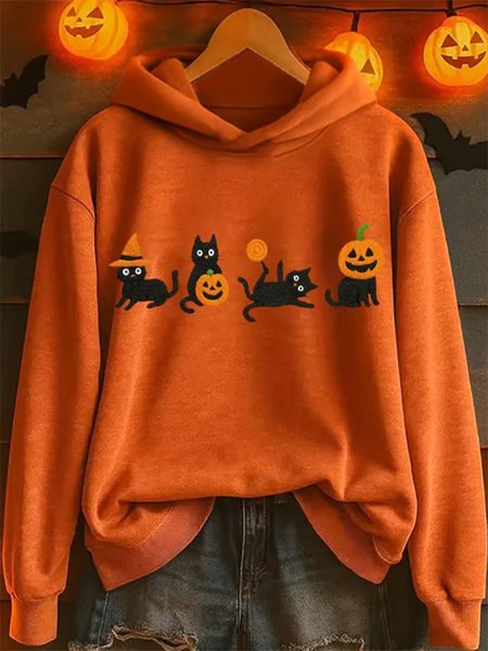 

Vintage Hooded Halloween Cute Cat Art Print Hoodie, Orange, Hoodies & Sweatshirts