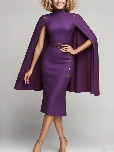 

Elegant Plain Dolman Sleeve Buttoned Stand Collar Midi Dress With Belt, Purple, Midi Dresses