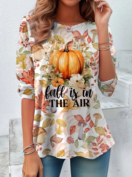 

Casual Floral Crew Neck Long Sleeve T-shirt, White, T-shirts