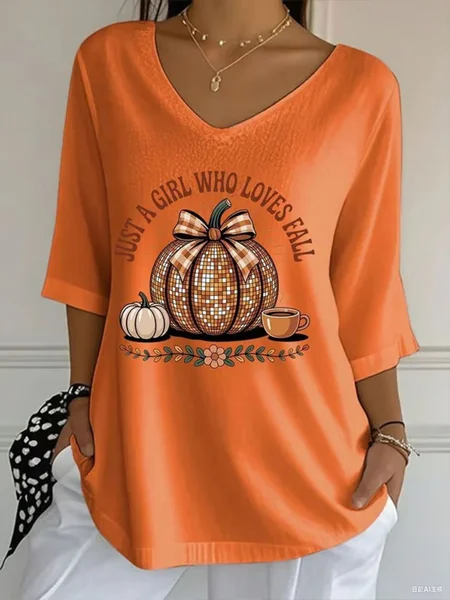

Vintage Pumpkin Pattern Crew Neck Three Quarter Sleeve T-shirt, Orange, T-shirts