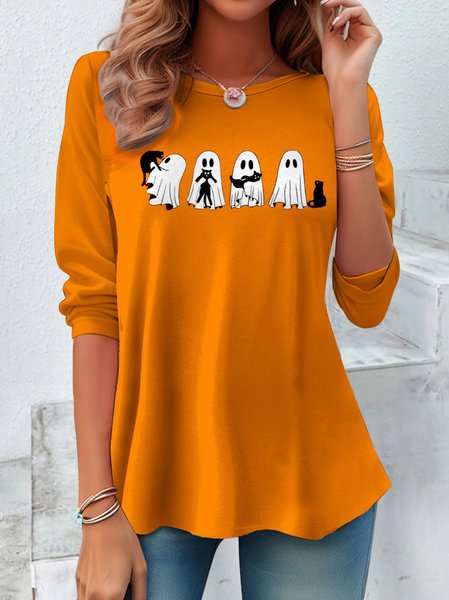 

Casual Floral Crew Neck Long Sleeve T-shirt, Orange, T-shirts