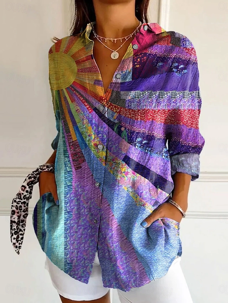 

V Neck Long Sleeve Abstract Graphic Regular Micro-Elasticity Regular Fit Shirt For Women, As picture, Shirts