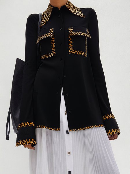 

Cotton Urban Leopard Split Joint Shirt Collar Shirt, Black, Blouses and Shirts