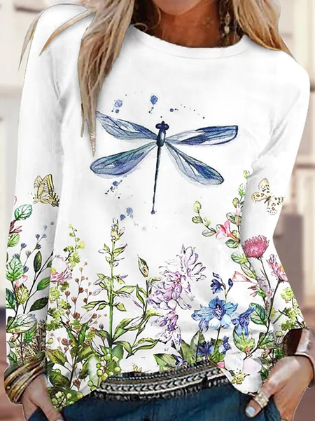 

Casual Floral Crew Neck Long Sleeve T-shirt, As picture, T-shirts
