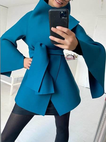 Casual Bell Sleeve Irregular Craftsmanship Plain Shawl Collar Jacket With Belt