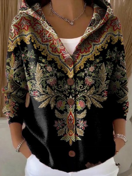 

Women Cotton Floral Long Sleeve Comfy Vintage Cardigan, Black, Cardigans