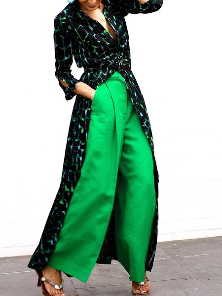 

Casual Random Print Shirt Collar Shirt With Belt, Black-green, Blouses and Shirts
