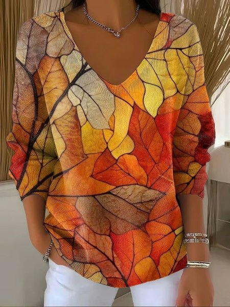 

Women Painting Spring/Fall Casual Long Sleeve V Neck Cotton Sweater, Brown, Sweaters