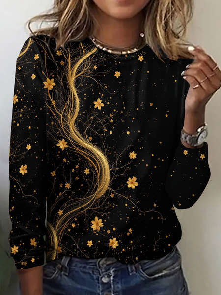 

Vintage Geometric Crew Neck Long Sleeve T-shirt, As picture, T-shirts