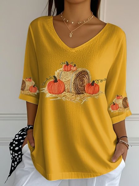 

Vintage Halloween Pumpkin Print Crew Neck Three Quarter Sleeve T-shirt, Yellow, T-shirts