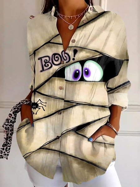 

Halloween Fun Pattern Comfy Loose Shirt For Women, Beige, Shirts