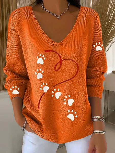 

Casual Plain V Neck Long Sleeve T-shirt, Orange, T-shirts