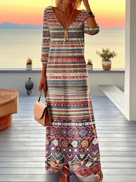 

Women Striped Long Sleeve Spring/Fall Split Joint Dress V Neck Daily Vintage Maxi Tank A-Line Dress, Khaki, Dresses