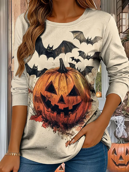 

Women Halloween (pumpkin) Long Sleeve Tee T-shirt Crew Neck Printing Casual Spring/Fall Graphic Tee Top, Apricot, T-Shirts