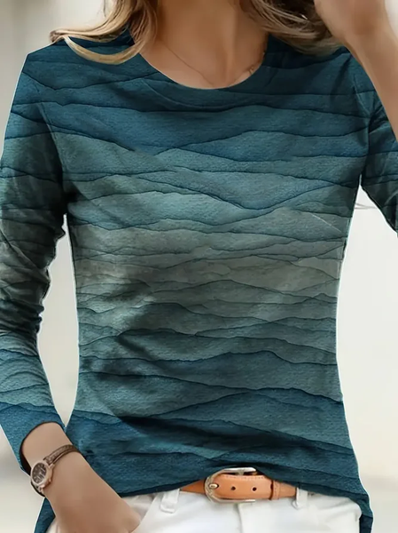 

Casual Abstract Crew Neck Long Sleeve T-shirt, Deep green, T-shirts