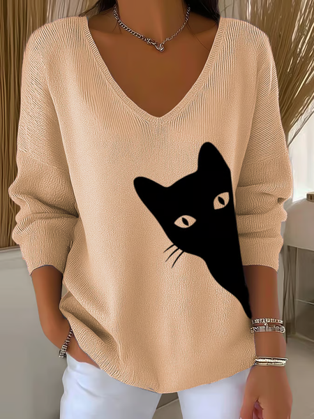 

Casual Cute Cat Print V Neck Long Sleeve T-shirt, Apricot, Sweaters