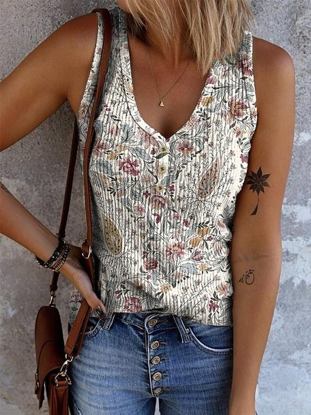 

Casual V Neck Floral Tank Top, As picture, Tanks & Camis