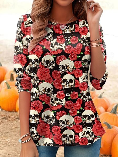 

Casual Floral Crew Neck Long Sleeve T-shirt, As picture, T-shirts