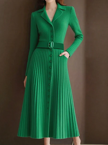 Elegant High Elasticity Sweater Maxi Dress With Belt