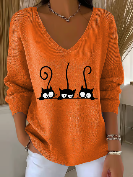 

Casual Cute Cat Print V Neck Long Sleeve T-shirt, Orange, Sweaters
