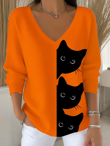 

Casual Cute Cat Print V Neck Long Sleeve T-shirt, Orange, Sweaters