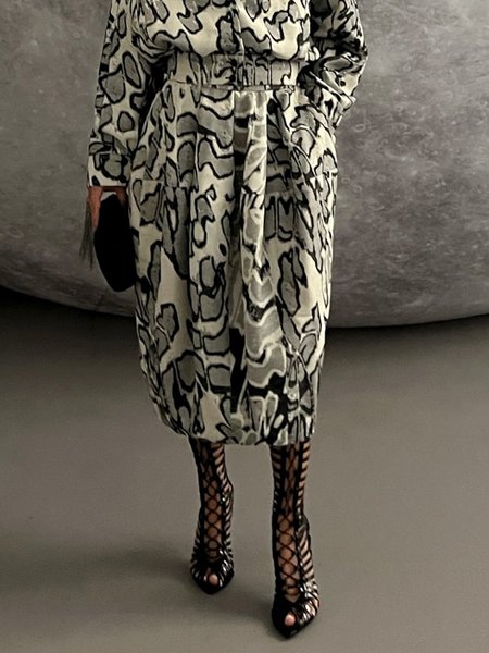 

Urban Random Print Midi Skirt With Belt, As picture, Skirts