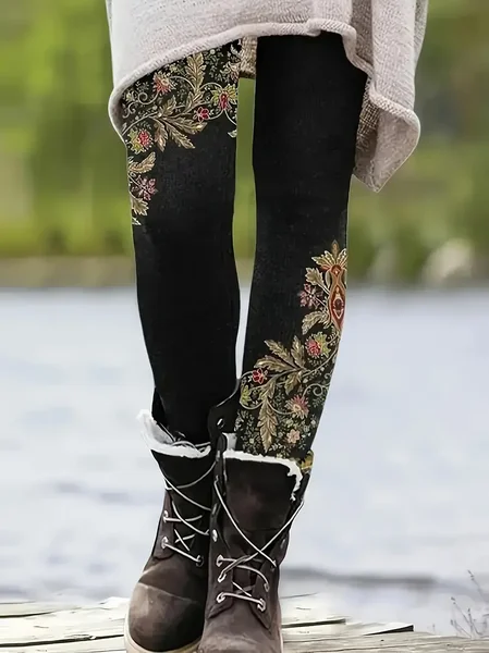 

Women Floral Casual All Season Printing Long Leggings, Black, Leggings