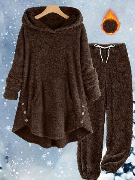

Loose Casual Solid Color Plush Hooded Long-Sleeved Trousers Two-Piece Suit, Coffee, Suits