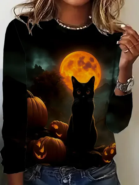 

Women Cat Long Sleeve Tee T-shirt Crew Neck Printing Casual Spring/Fall Graphic Tee Top, Black, T-Shirts