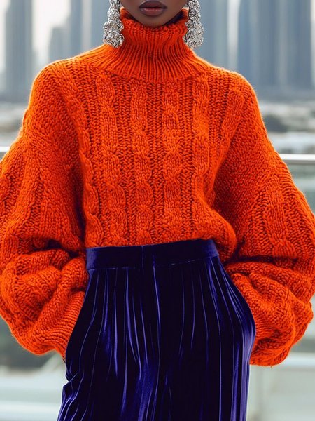 

Casual Plain Turtleneck Raglan Sleeves Sweater, Orange, Pullovers