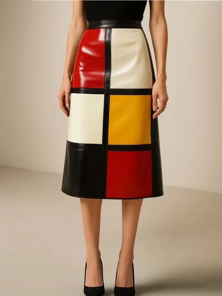 

Urban Color Block Midi Faux Leather Skirt, As picture, Skirts