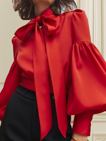 Urban Plain Bow Tie Neck Balloon Sleeve Blouse