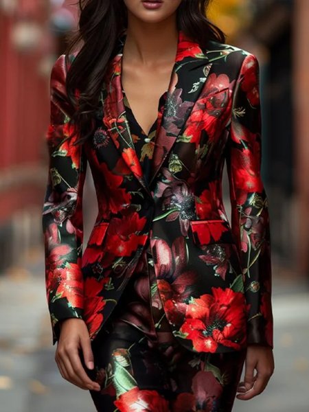 

Urban Printing Floral Lapel Collar Blazer, Red, Blazers