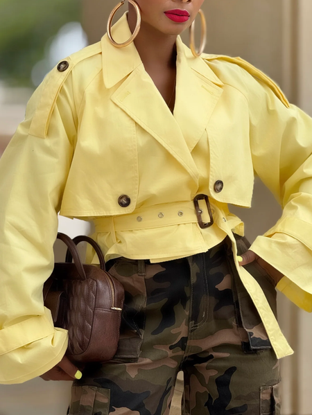 

Casual Plain Shawl Collar Trench Coat With Belt, Yellow, Trench Coats