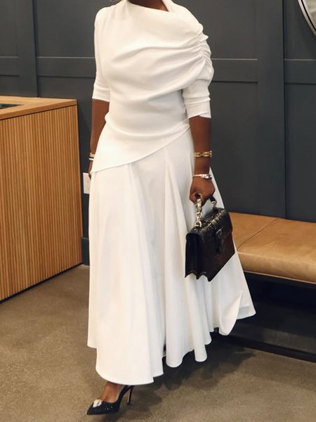 Elegant Plain Raglan Sleeves Asymmetric Maxi Dress