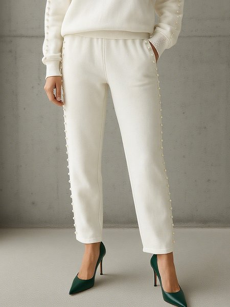 

Casual Plain Beaded Straight Pants, White, Pants