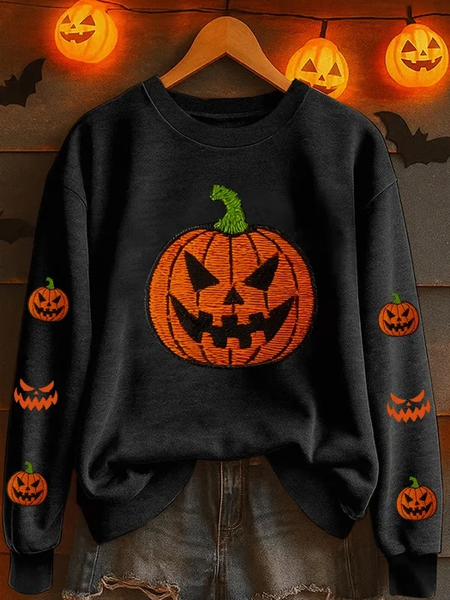 

Women Halloween (pumpkin) Crew Neck Printing Casual Spring/Fall Long Sleeve Sweatshirt, Black, Sweatshirts & Hoodies