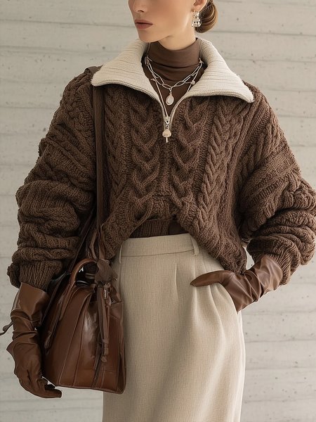 

Casual Color Block Zipper Shawl Collar Sweater, Brown, Pullovers